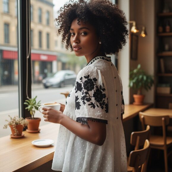 ZARA TRF Black White Embroidered Blouse S Swiss Dot Eyelet Semi Sheer Flutter - Picture 11 of 11